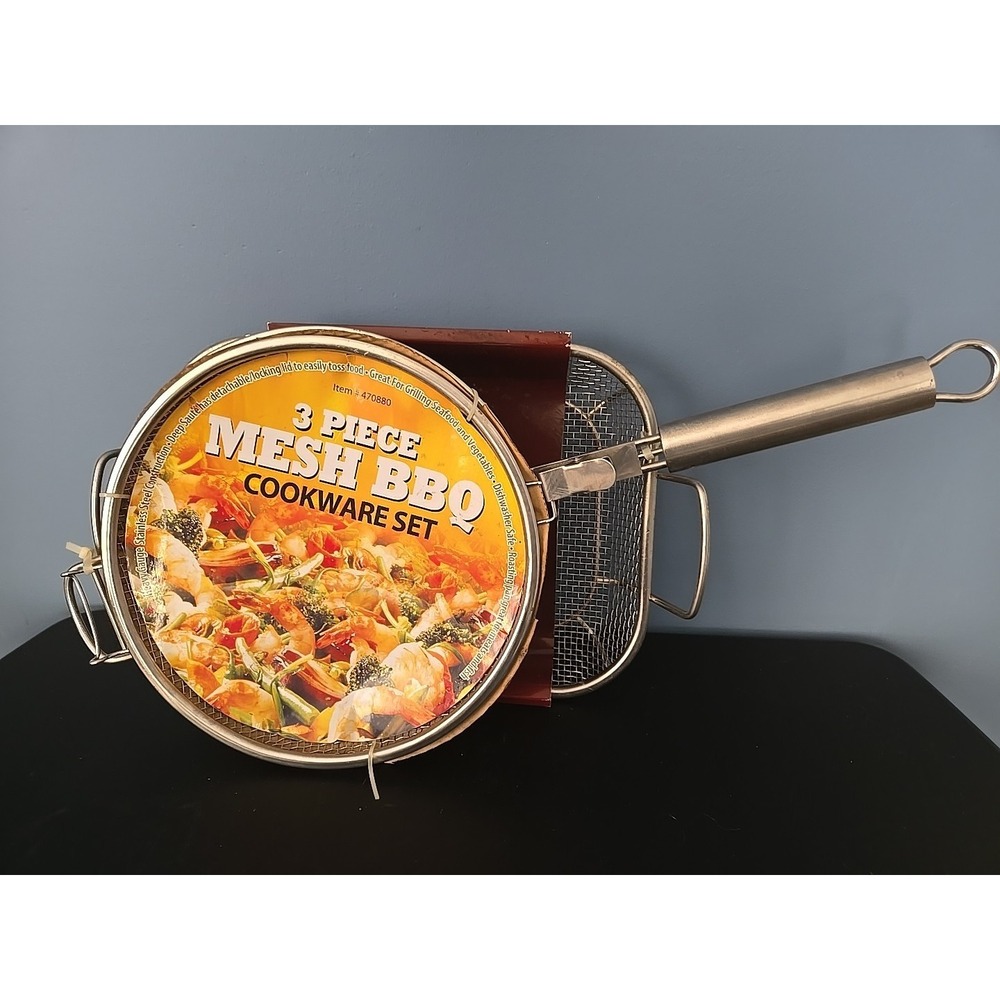 3 Piece Mesh Stainless Steel BBQ Grilling Basket w Locking Lid And Roasting Pan